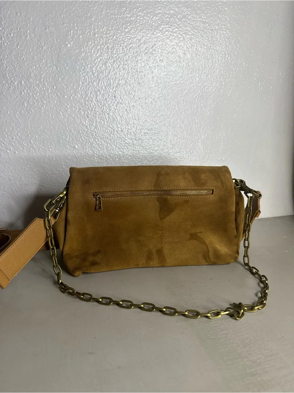 Zadig & Voltaire Rocky Suede Bag Tan Crossbody Clutch Gold Chain Calf Leather